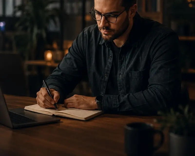 Writer generating article draft on a laptop in a focused workspace