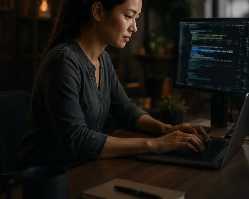 Founder publishing content from a laptop in a home office