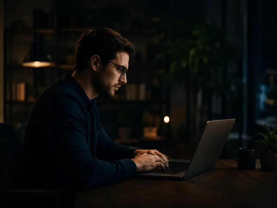 Founder working on SEO content pipeline at night